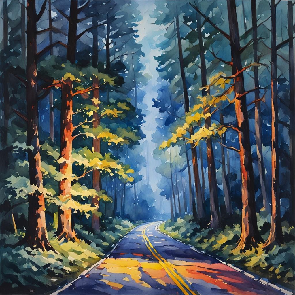 Forest Road Illuminated by Garland in Watercolor Style