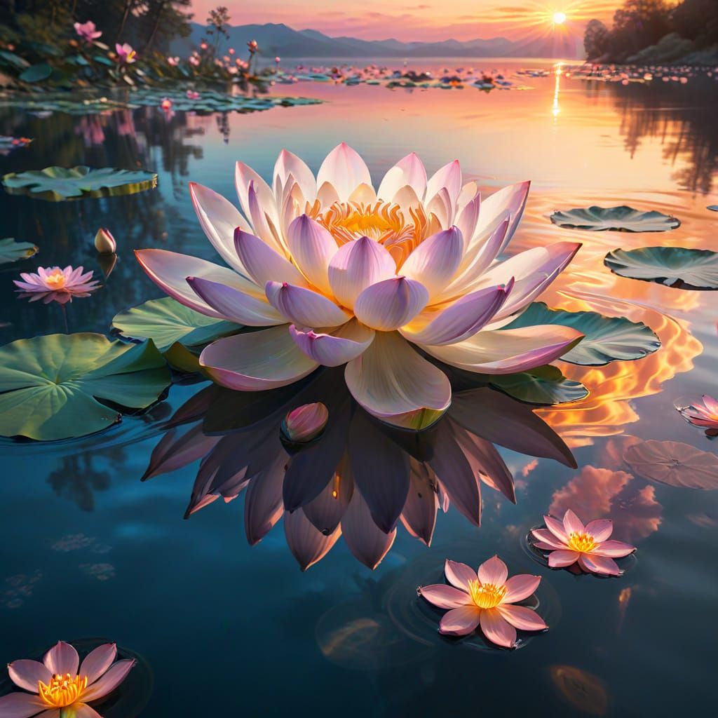 Ethereal Fantasy Art: Giant Flowers Bloom on Reflective Lake