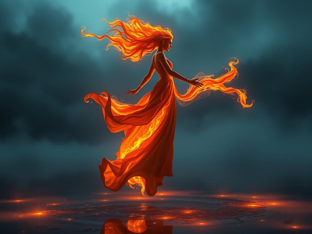 Mystical Fire Elemental Over Foggy Lake