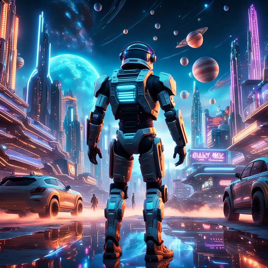 Sci-Fi Mech in Vegas with Galaxy Background