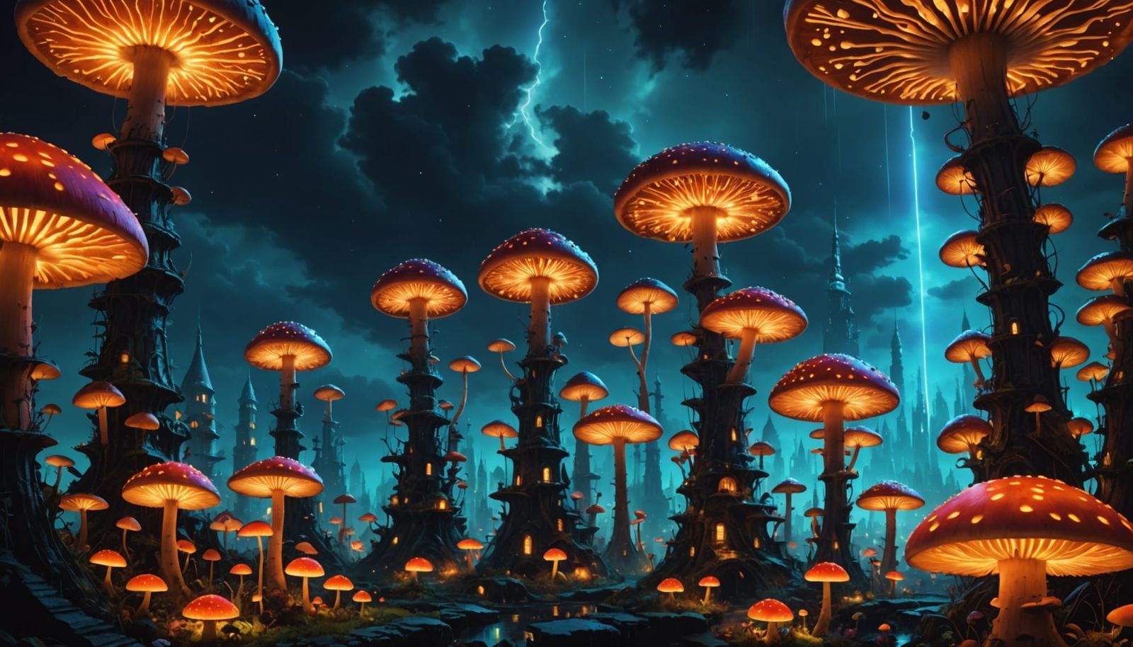 Vibrant Mushroom Metropolis at Night