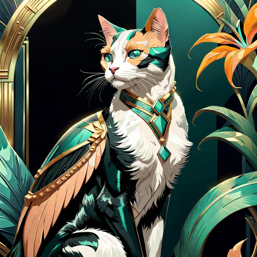 Art Deco Cat with Bird of Paradise Flowers