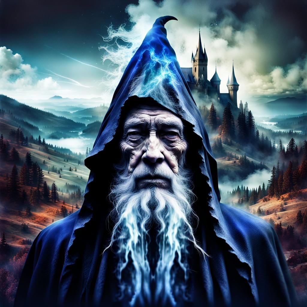 Double Exposure Wizard in Dark Fantasy Landscape