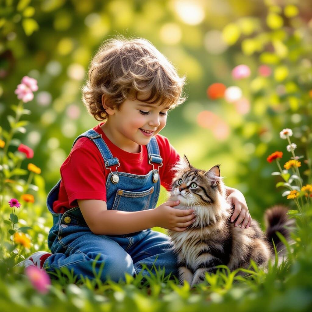 a cheerful young boy in a vibrant  red t-shirt and classic d...