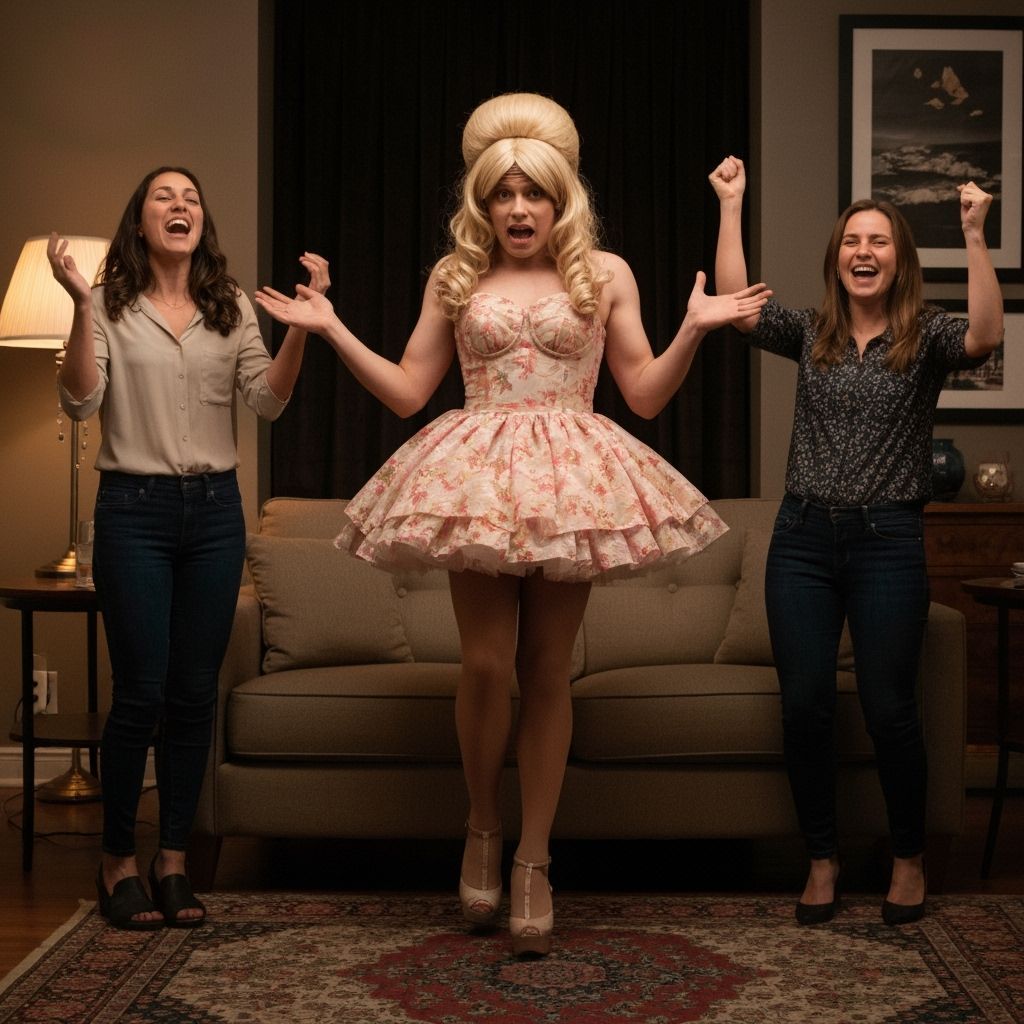 Man Crossdressing in Bouffant Dress Cheered by Women