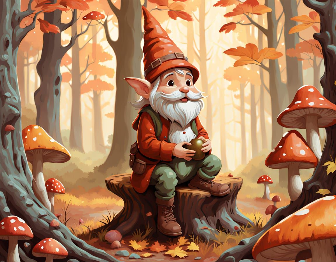 Sad Gnome in Autumn Forest, Chalk-Style Illustration