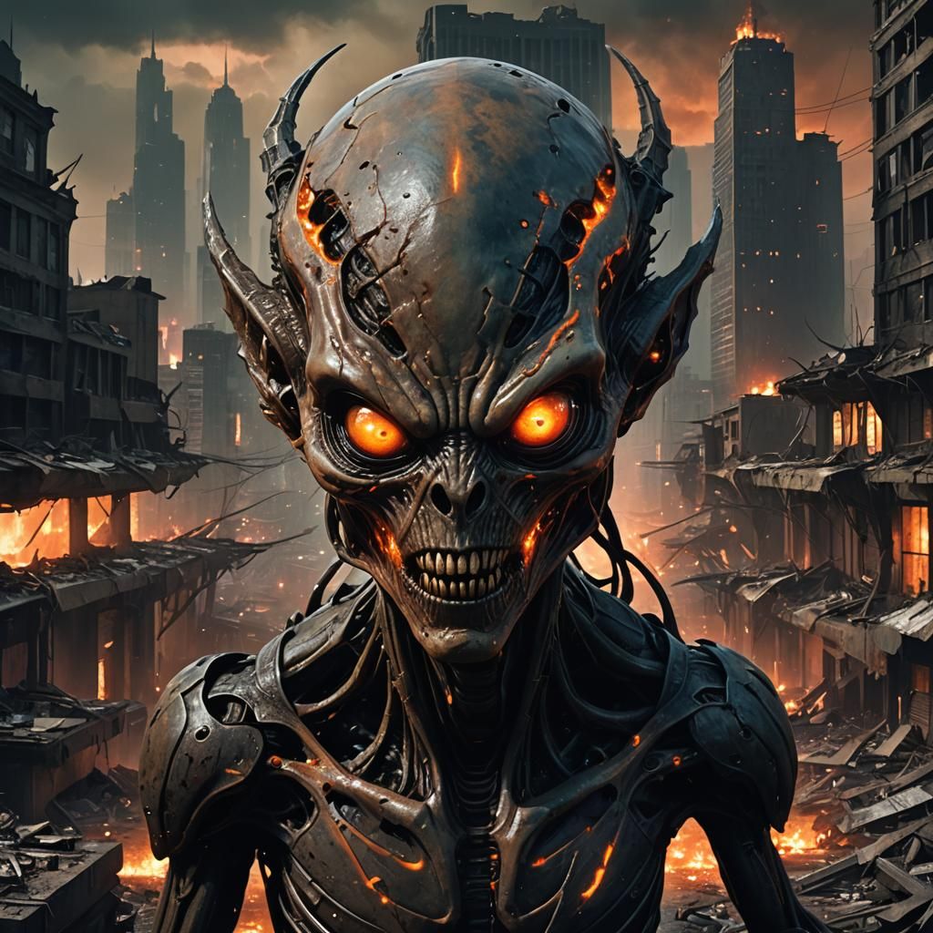 Grotesque Alien Face in Dystopian Cityscape