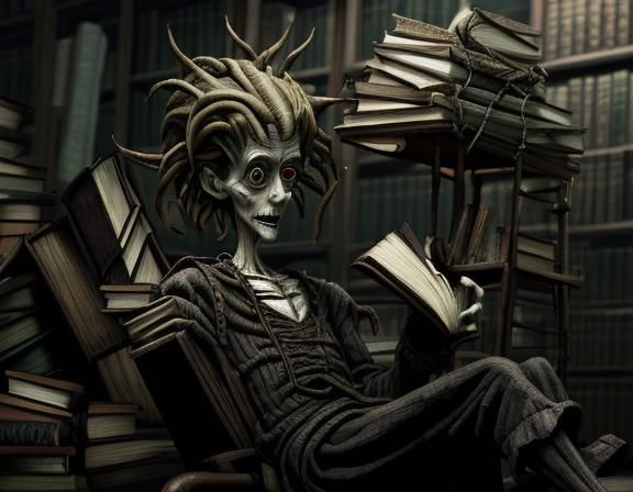 Disturbing Zombie Librarian in Art Brut Style