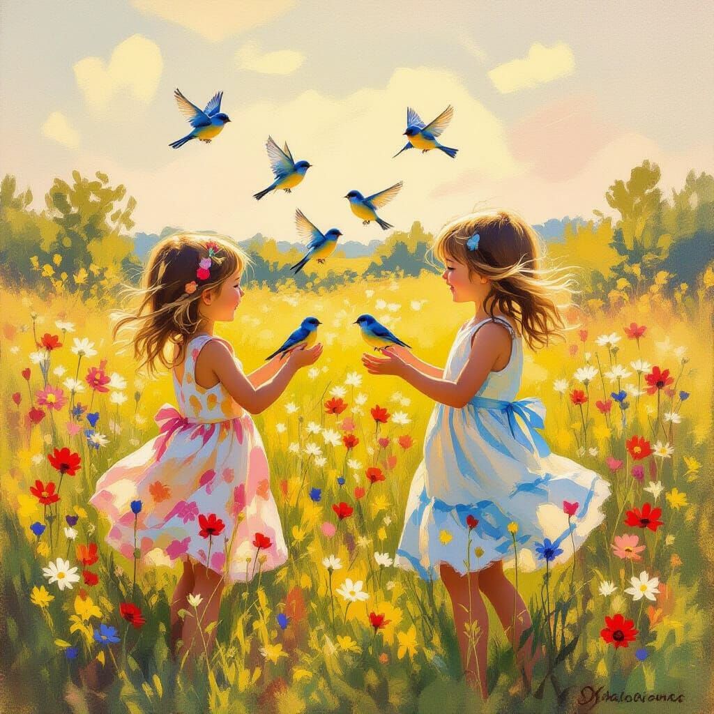 Girls Play with Bluebirds in Sunlit Meadow Oil Painting