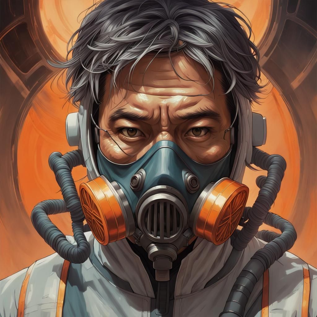 Ominous Portrait: Asian Doctor in Decontamination Suit