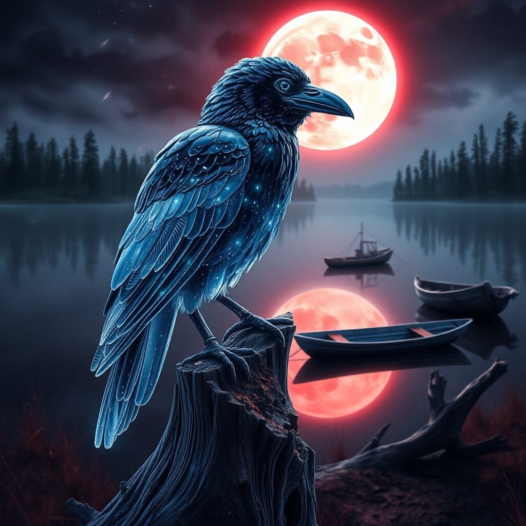 Bioluminescent Raven Watercolor on Lake Under Blood Moon