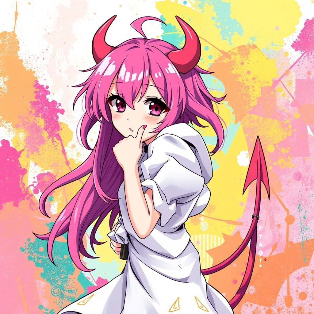 Anime Goddess with Devilish Charm in Vibrant Pastel Hues