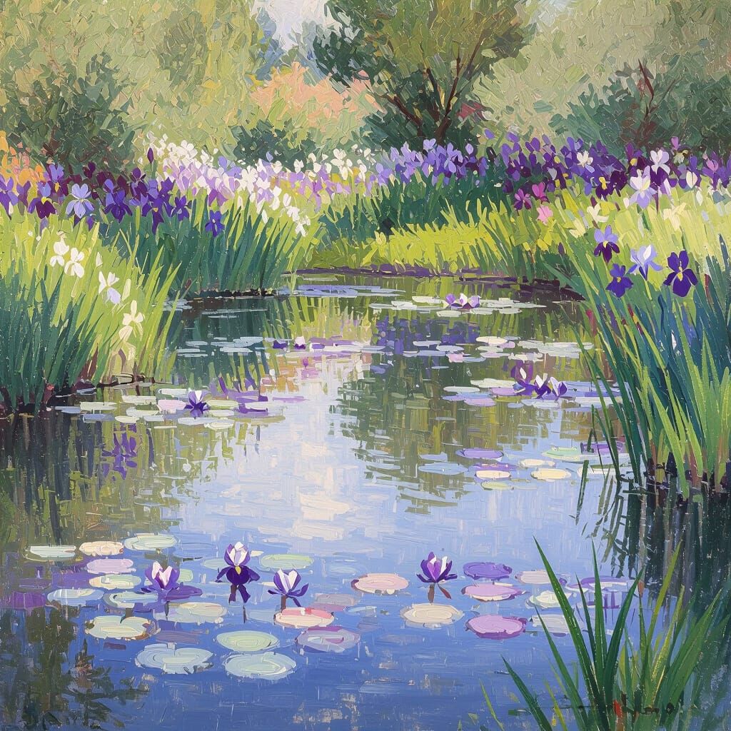 Impressionist Pond with Blooming Irises