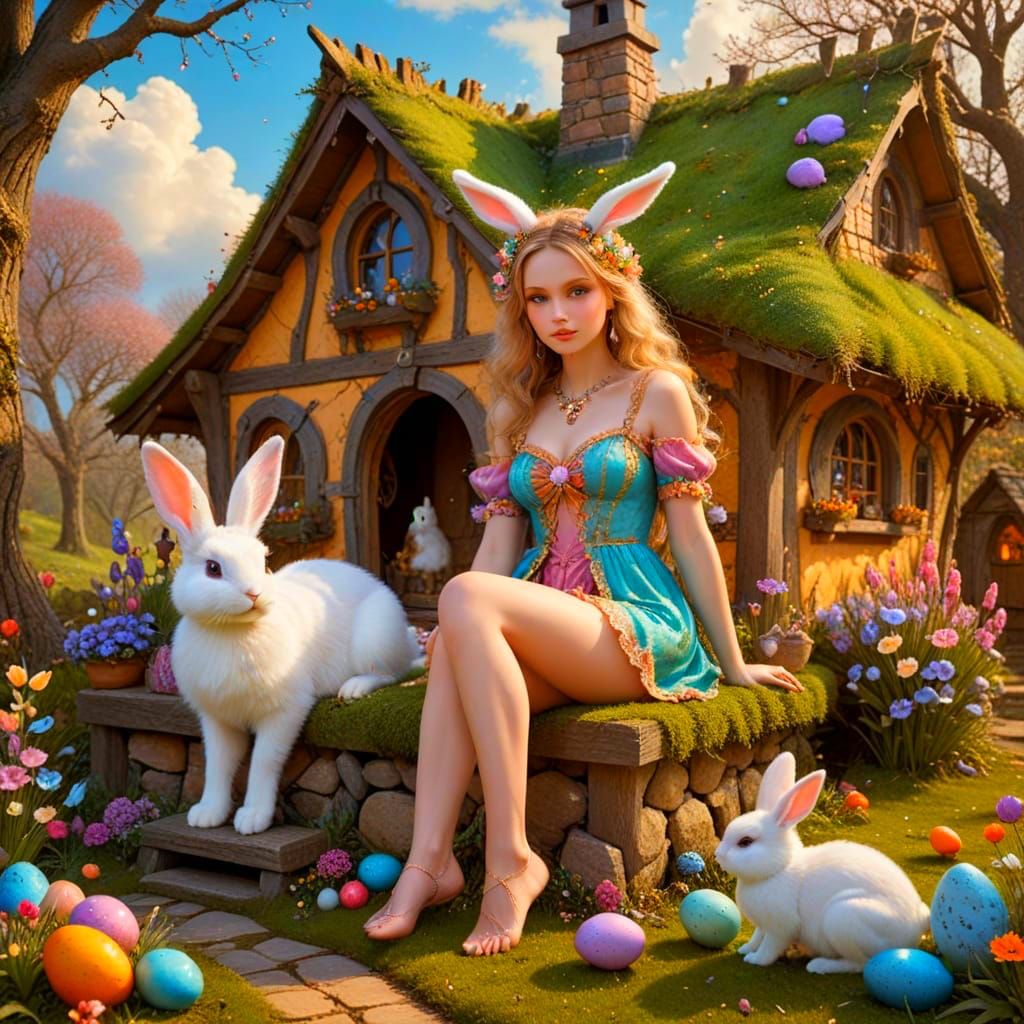Goddess Eostre and Her Whimsical Bunny in a Vibrant Dreamcor...