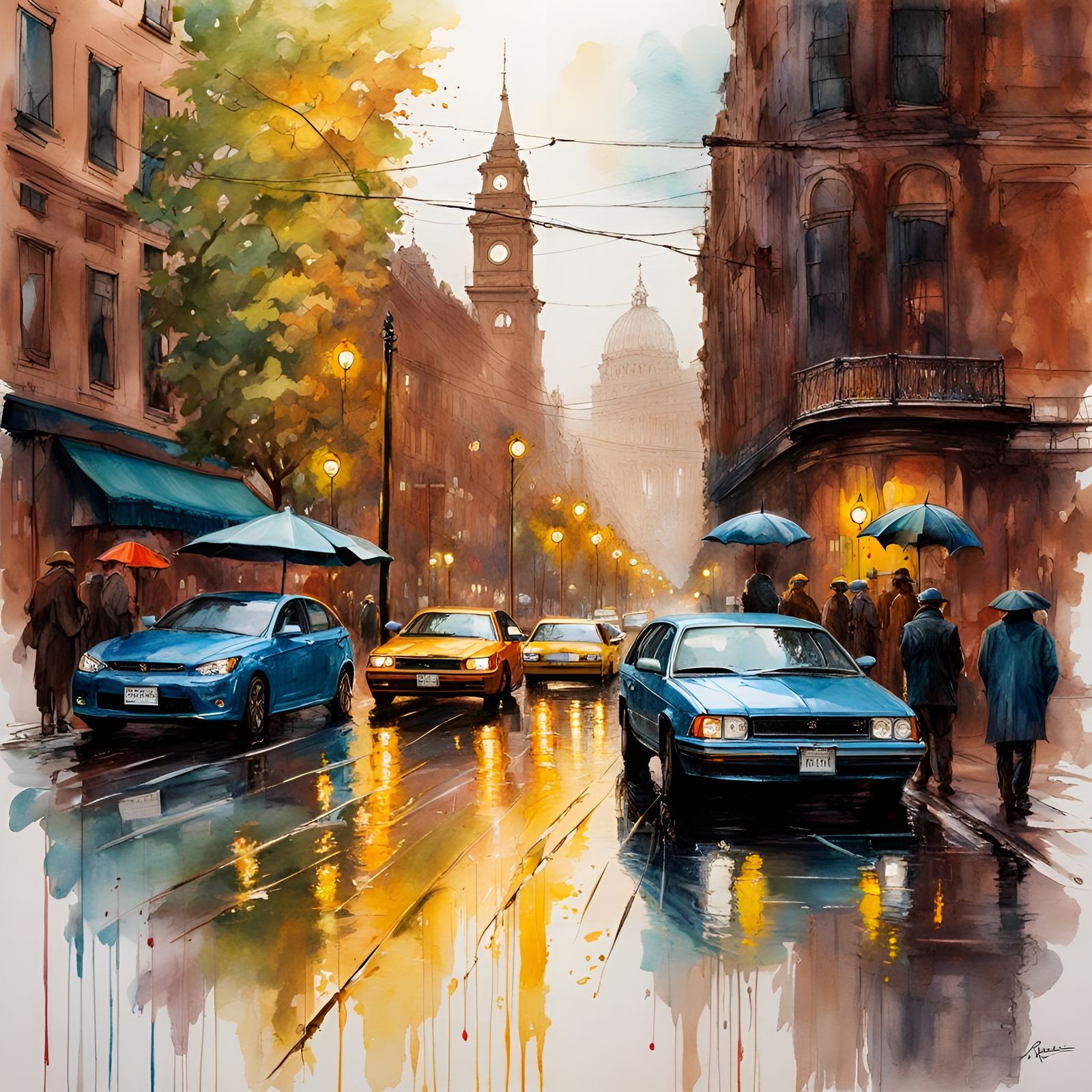 Rainy Cityscape in Renaissance Painting Style