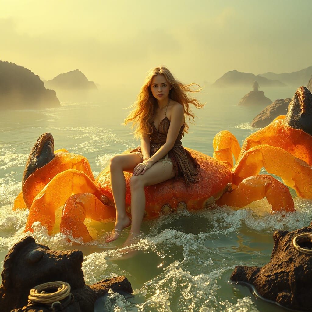 Bohemian Woman on Gummy Crab in Effervescent Soda Sea