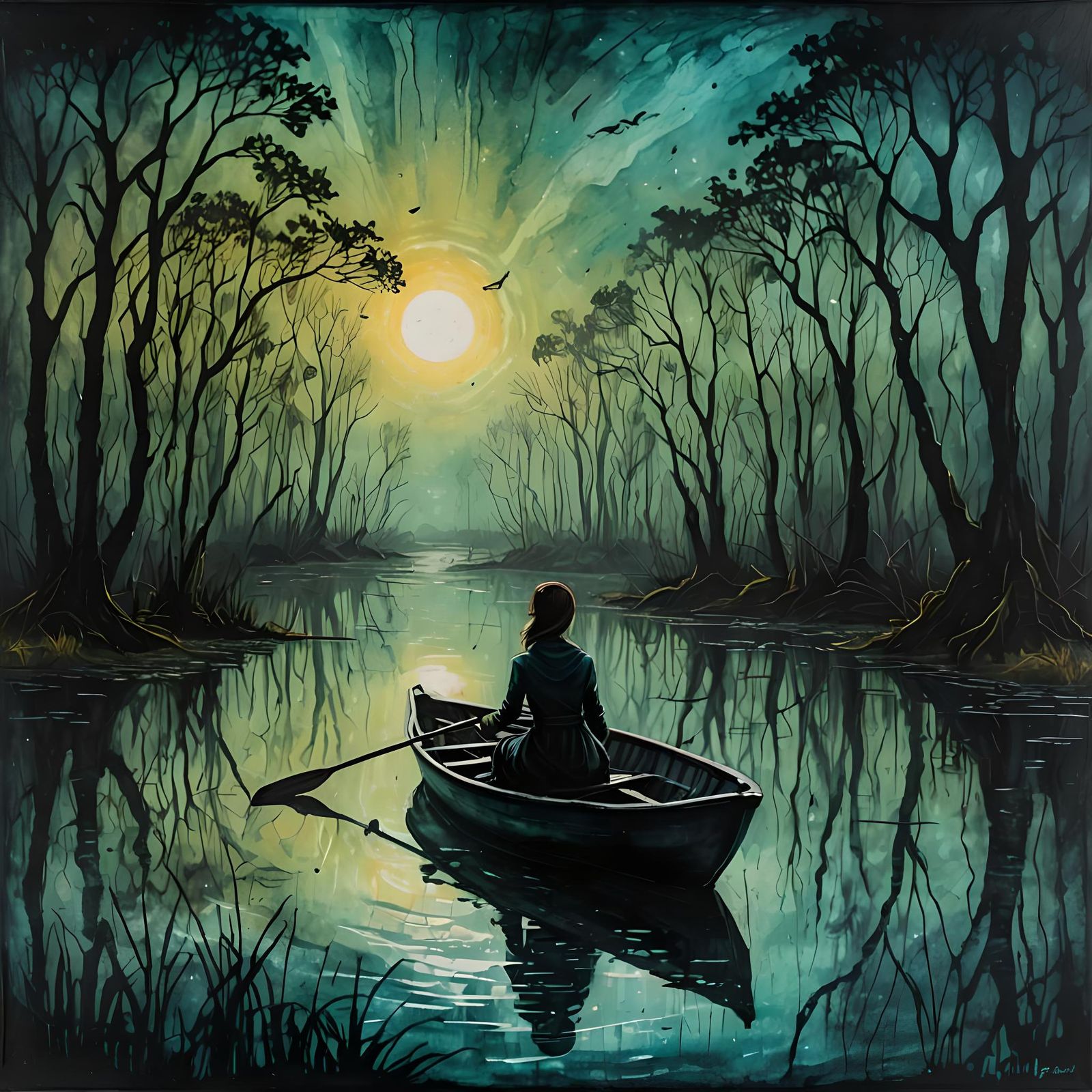 Gloomy Swamp: Surrealist Silhouette in Abstract Style