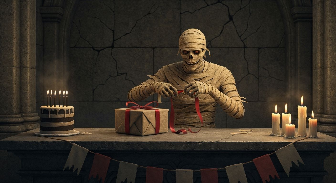 Mummy Unwraps Bandaged Birthday Gift in Crypt