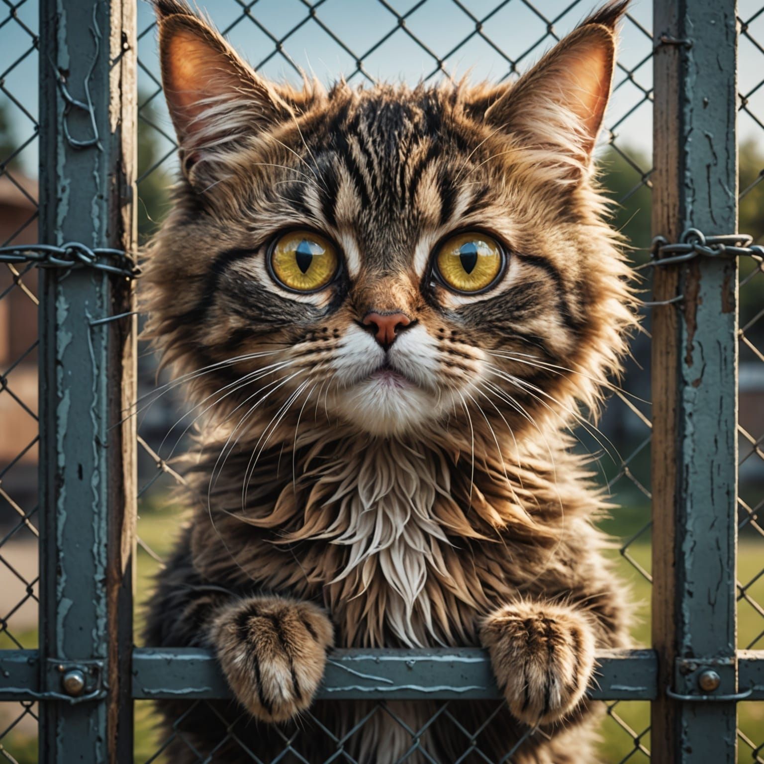 Humorous Mutant Cat Caricature in Hyperrealistic Style