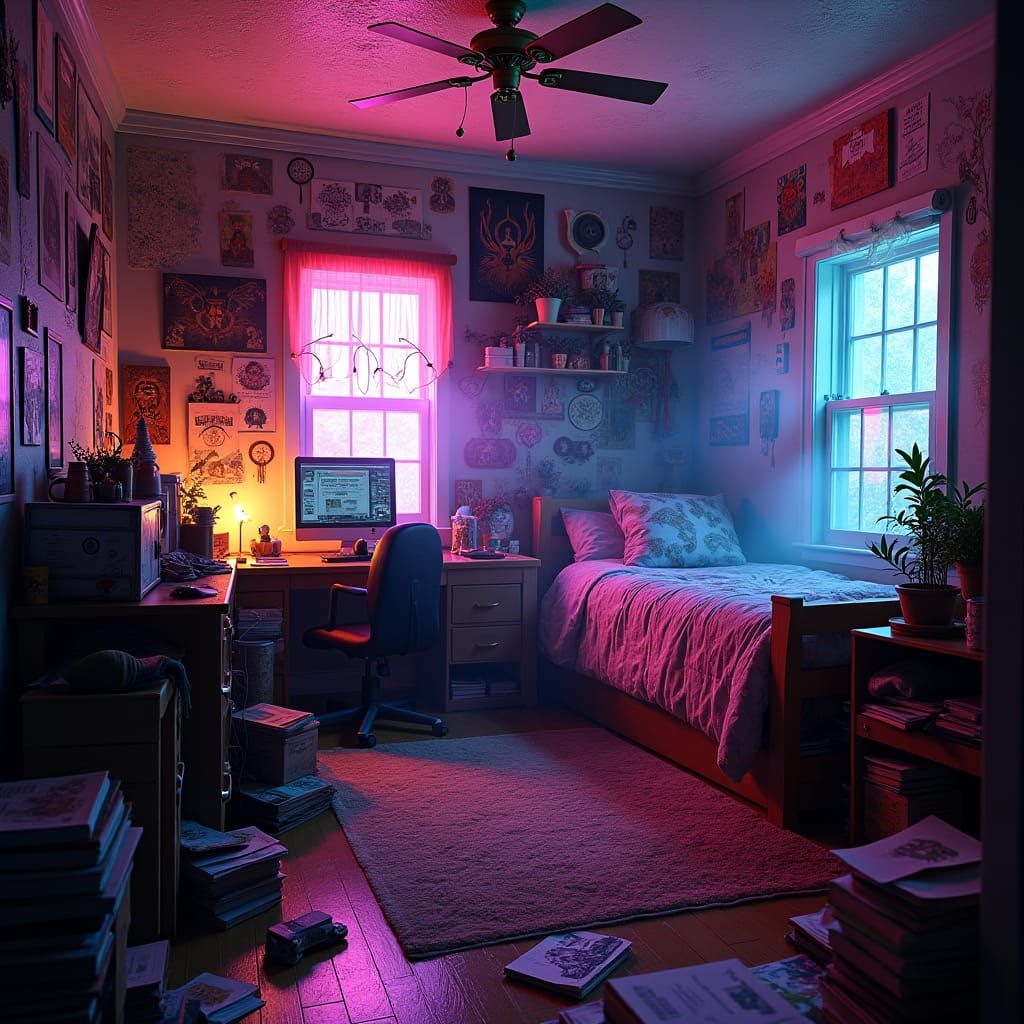 Stoner College Bedroom with Neon Lights, Matte Painting