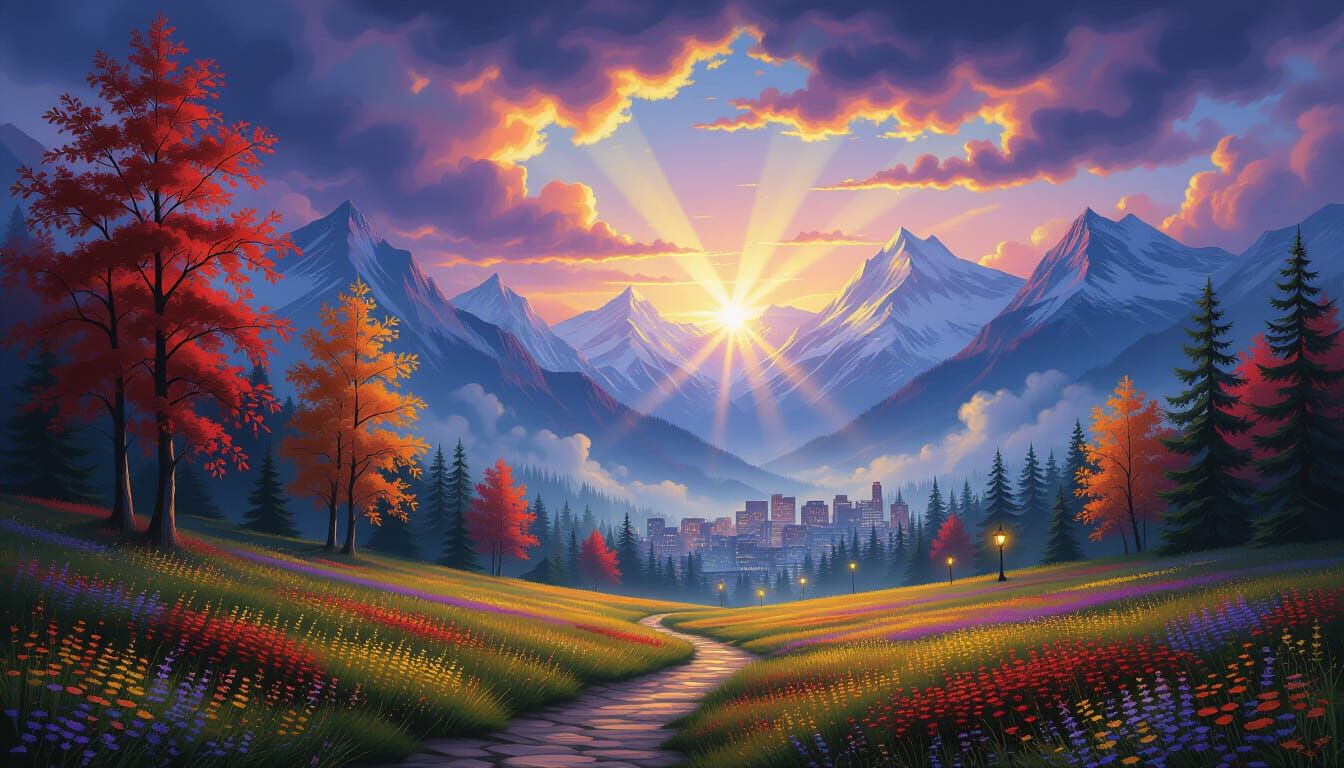 Surreal Autumn Landscape with Cityscape Reflections