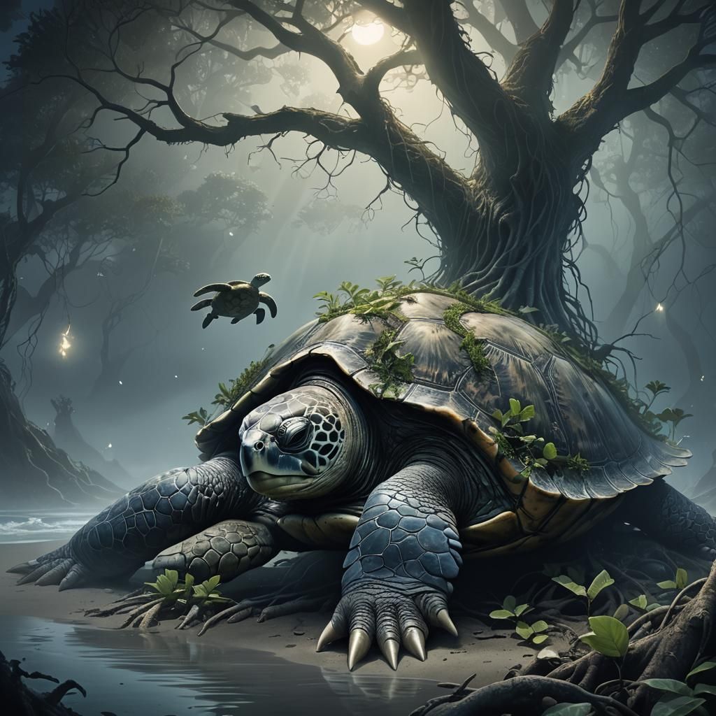 Giant Turtle Monster with Trees, Anime Style