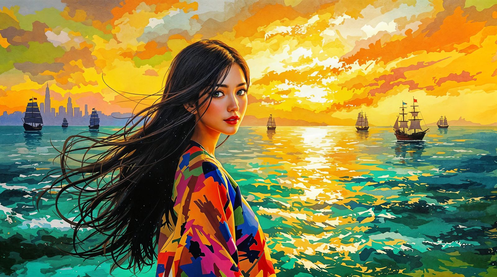 Serenity of Golden Twilight Seascape in Impressionistic Styl...