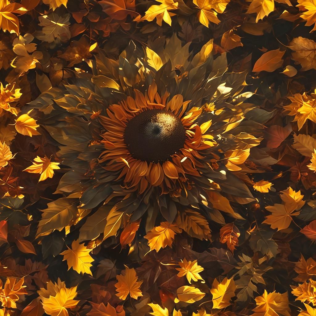 Sunflower Surrounded by Autumn Leaves in Digital Painting