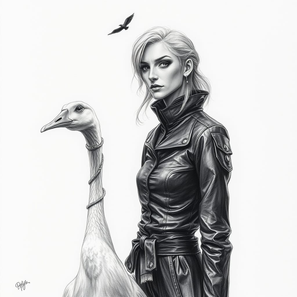 Elegant Leather-Wrapped Witch Strolls with Feathered Compani...