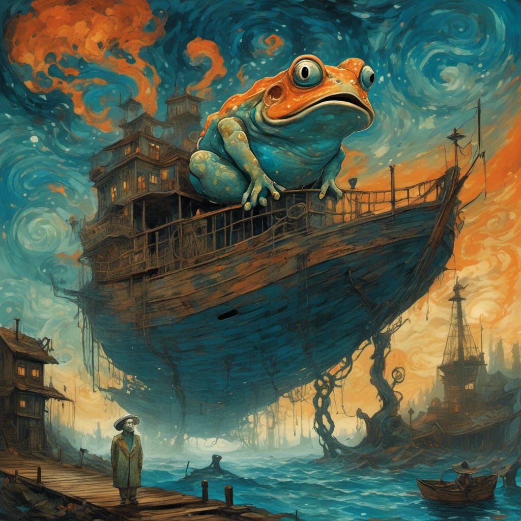 Emotive Toad and Steampunk Ship, in Maximalist Style