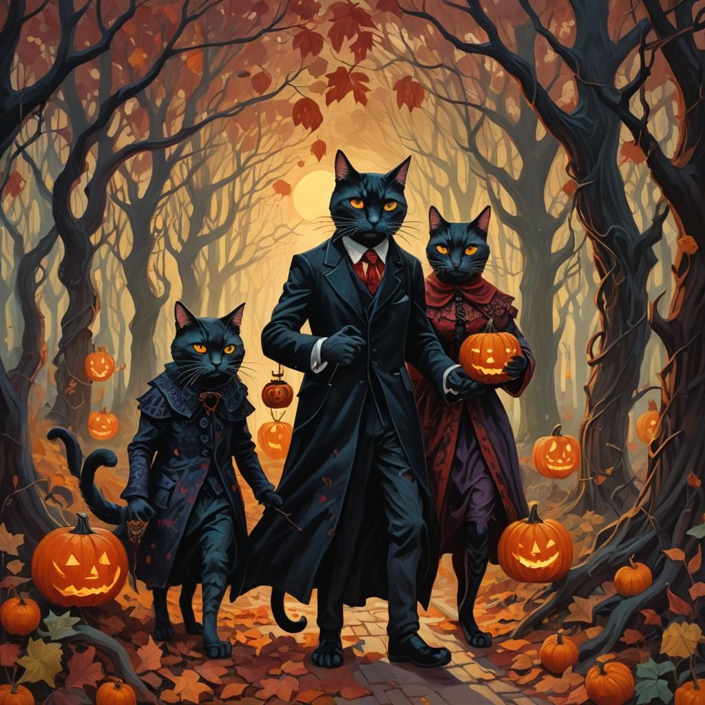 Victorian Cats Trick-or-Treat in Autumn Forest