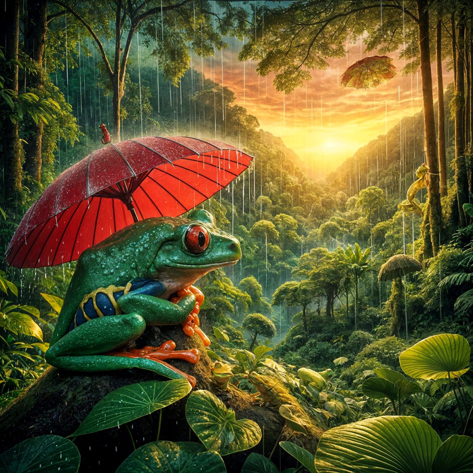 Green Frog with Umbrella in Tropical Rainforest