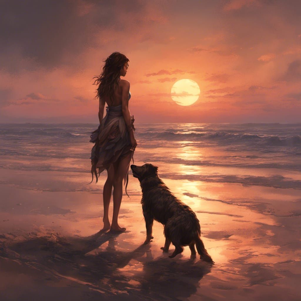 Girl and Dog at Sunset: Fantasy Art