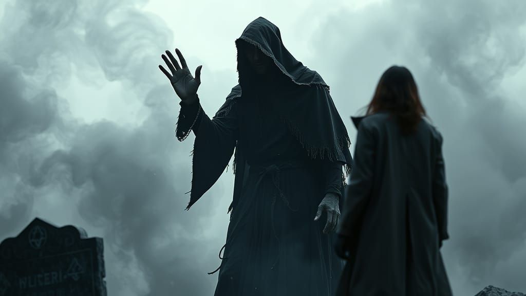 Menacing Figure Emerges from Smoke in Graveyard