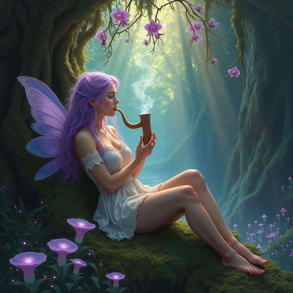 Fae Woman in Hidden Grotto with Rainbow Smoke