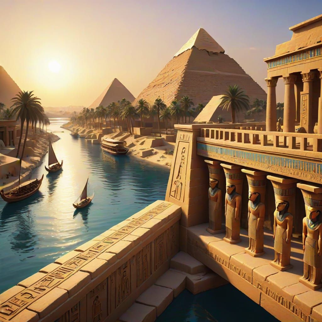 Egyptian Palace View at Sunset in Hyperrealistic Style