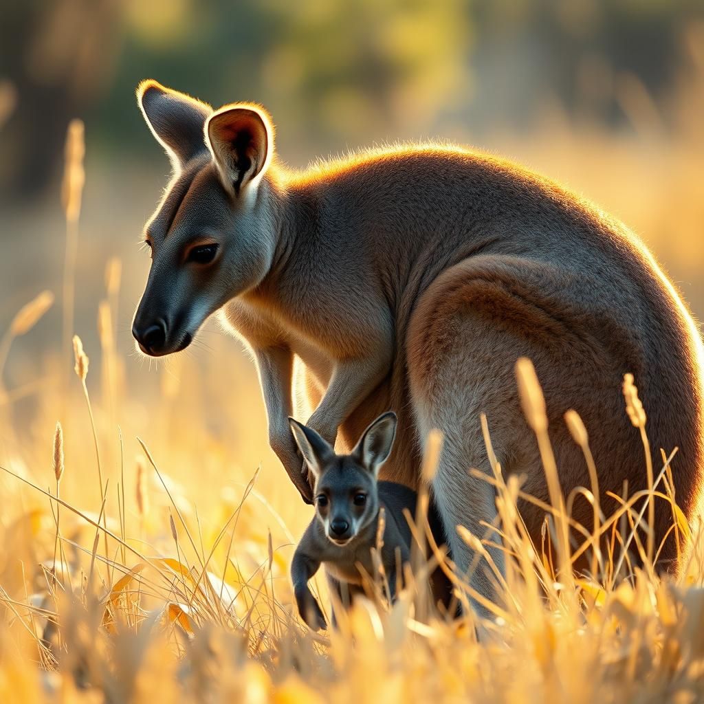 Mother Kangaroo with Joeys in Golden Light