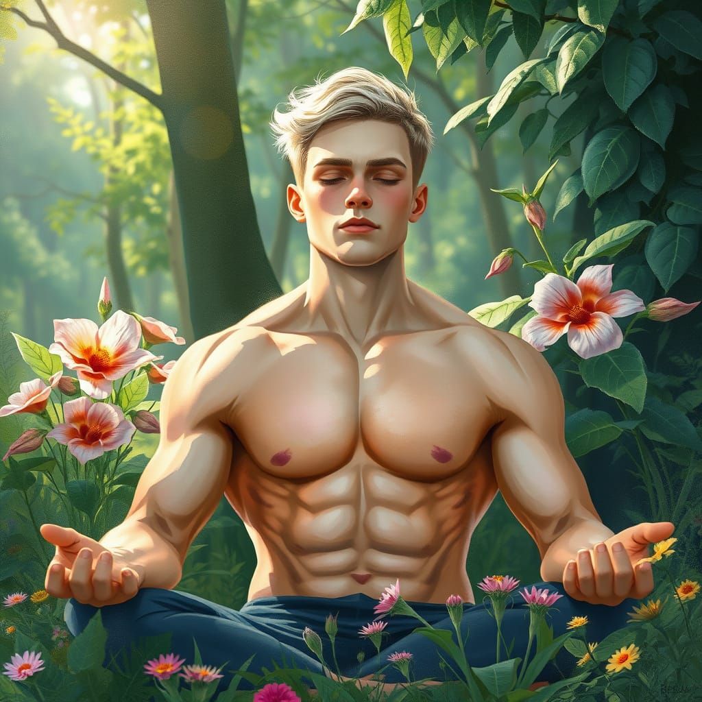 Meditating Man in Lush, Serene Digital Painting