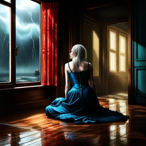 Sad Woman in Rain: Dark Fantasy Art