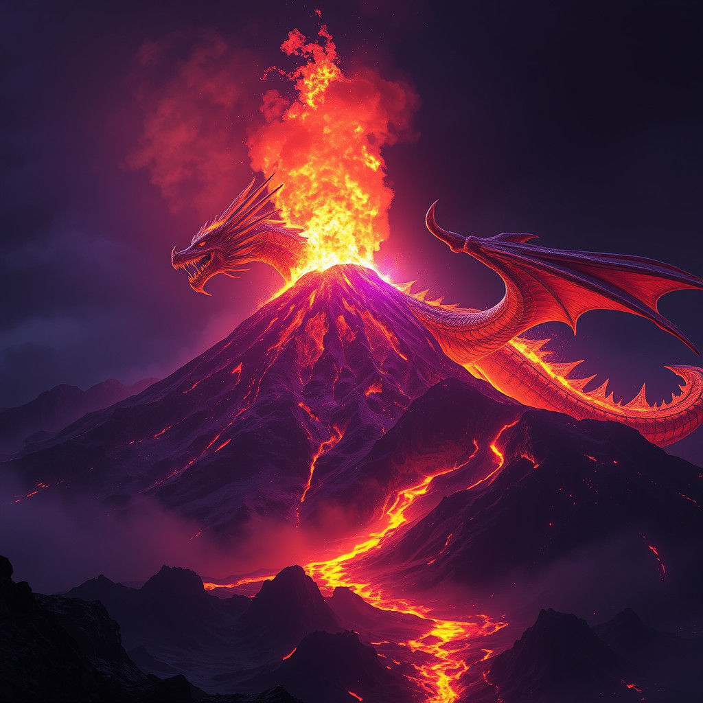Fire Dragon Soaring by Erupting Volcano