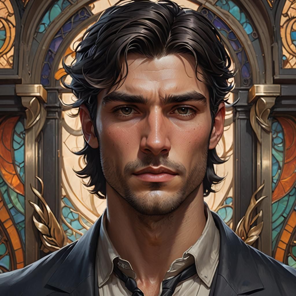 A handsome dark haired young man done in the art nouveau sty...