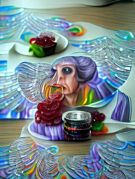 Evil Angel Eating Jelly in Hyperreal Holographic Style