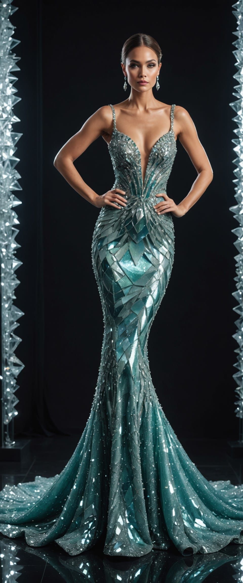 Haute Couture Model in Sparkling Glass Gown