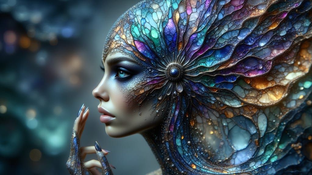 Alien with Intricate Designs in Pointillism Style