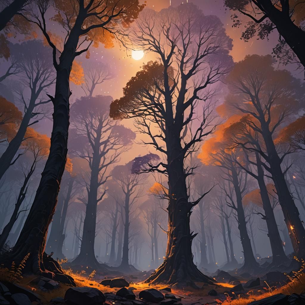 Mystical Forest Illuminated by Meteor Shower