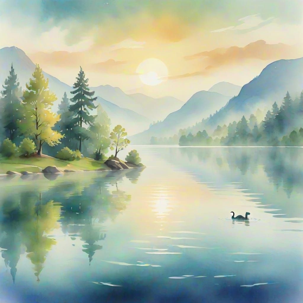 Serene Loch Ness Monster in Watercolor Style