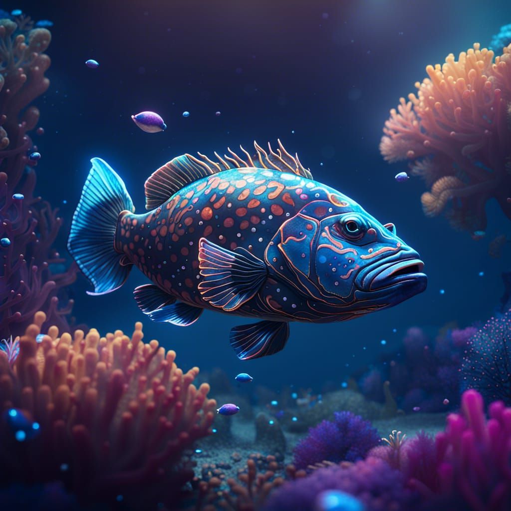 Glittering Grouper in Dreamy Oceanscape: Digital Painting