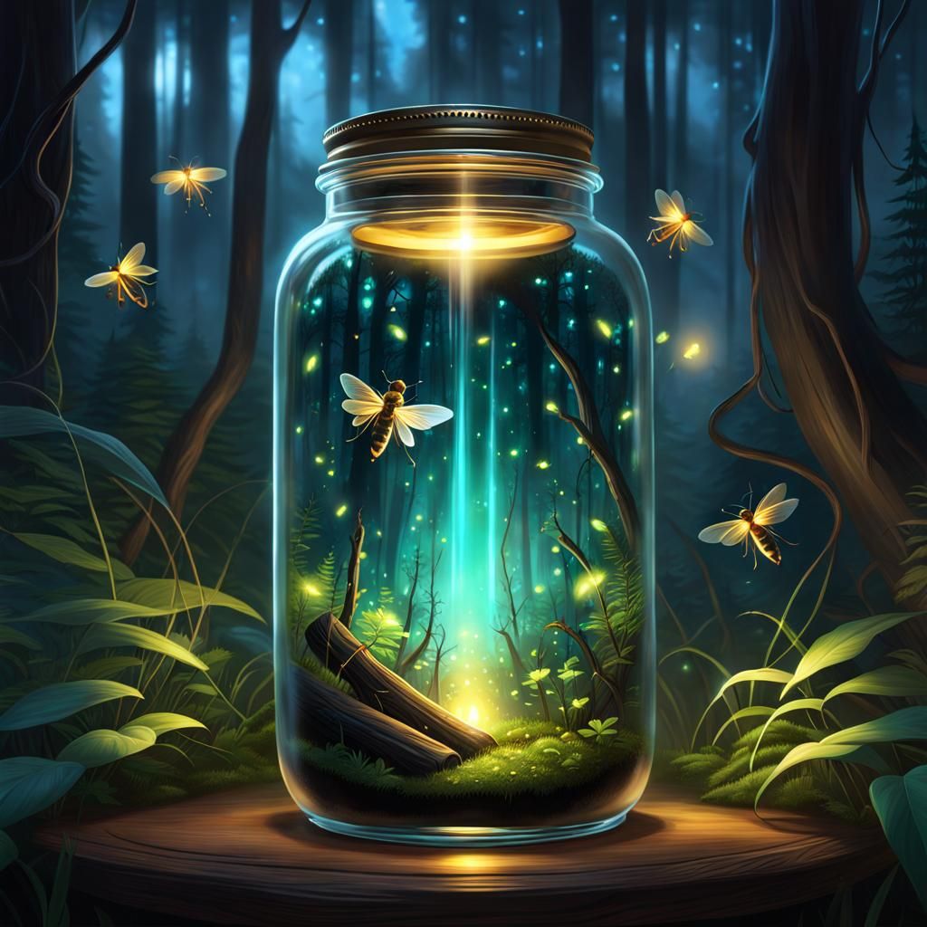 Fireflies in Jar with Eldritch Forest, Artgerm Style