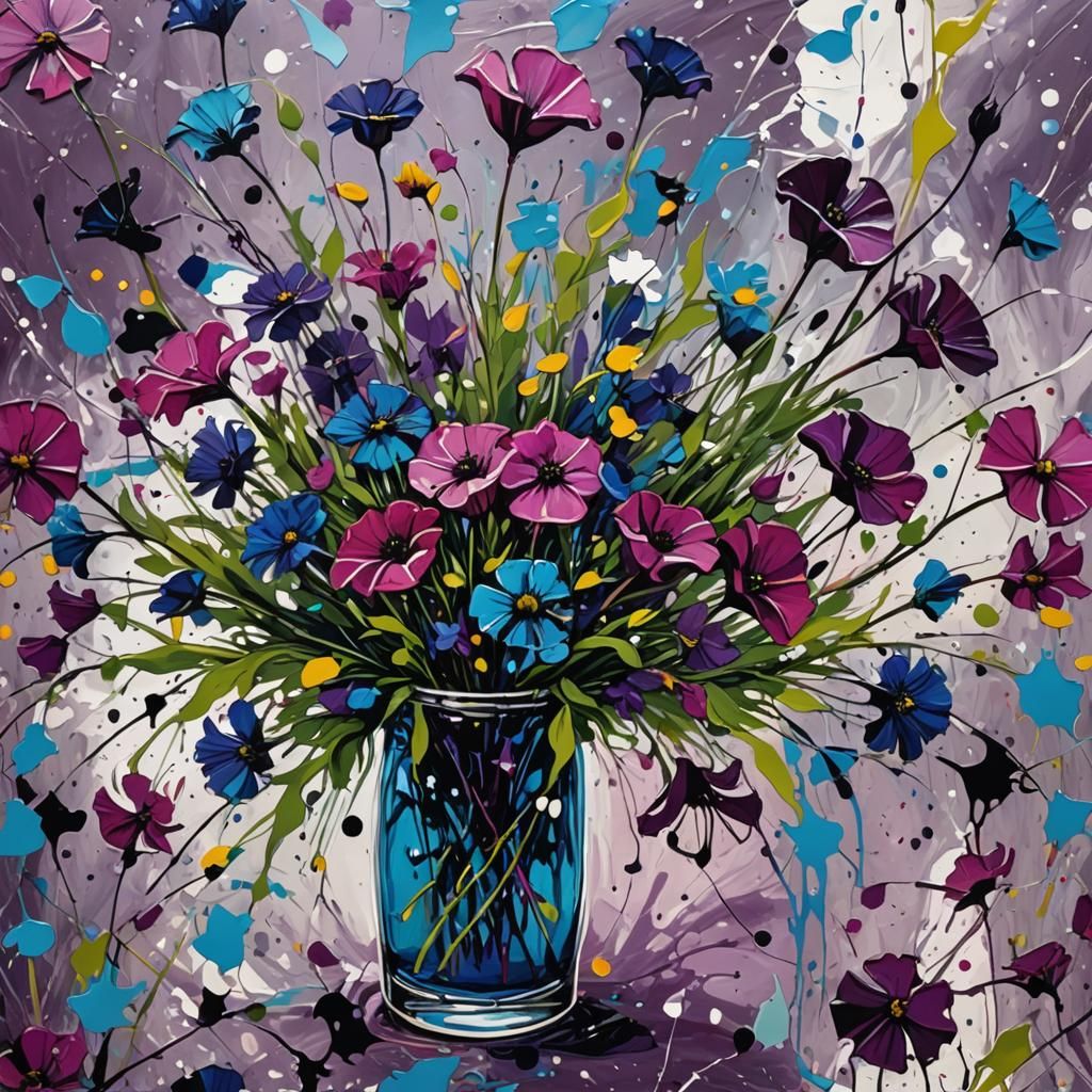 baltic meadow flowers in glass vase Jackson Pollock style