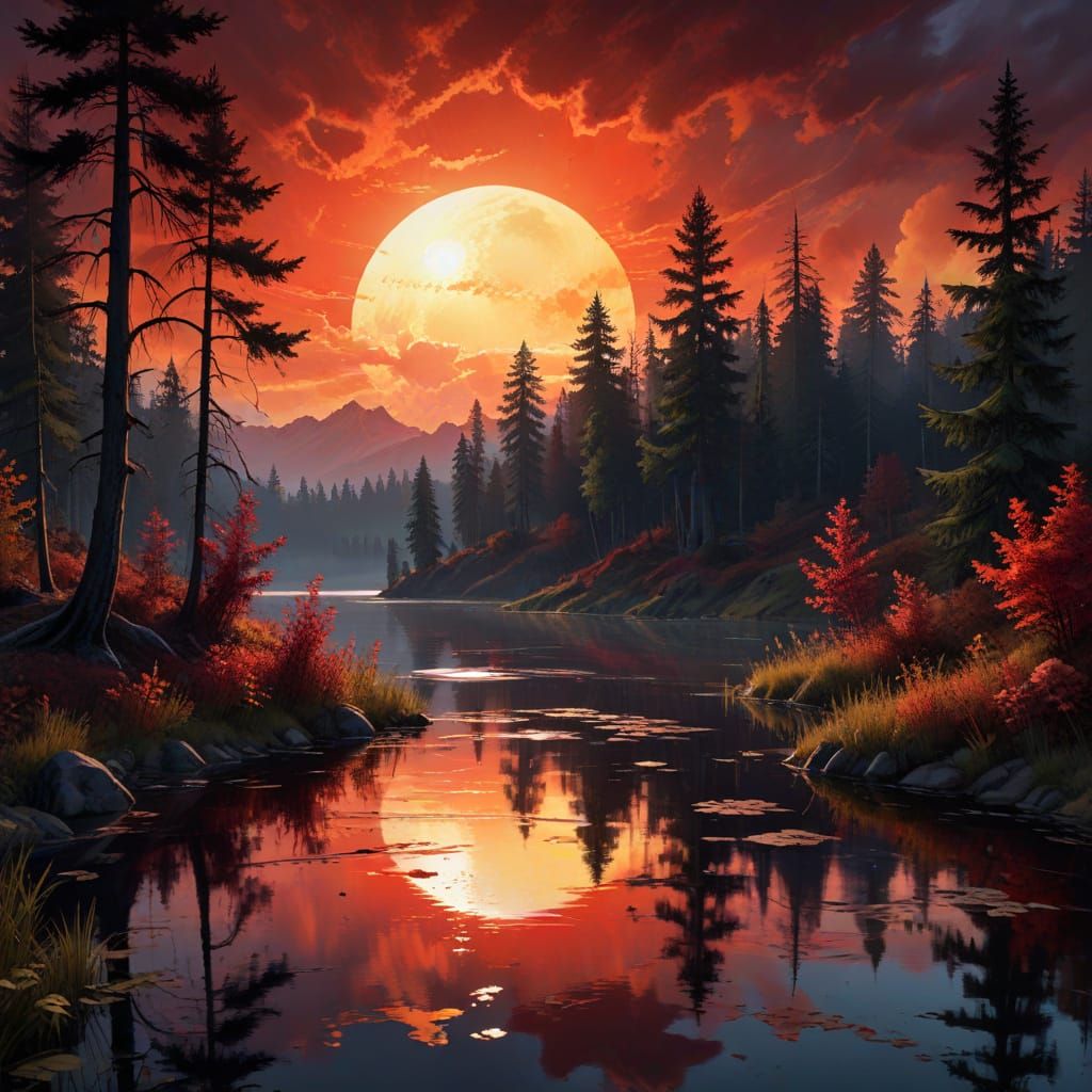 Gothic Sunset Lake: A Detailed Illustration Painting